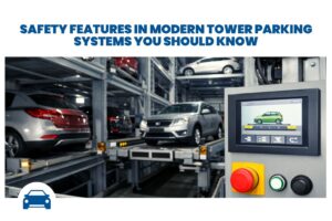 Automated tower parking system with safety locks and sensors.